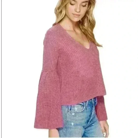 Free People Rose Pink Damsel Bell Sleeve Cotton Vneck Knitted Sweater,Size M - Picture 4 of 6